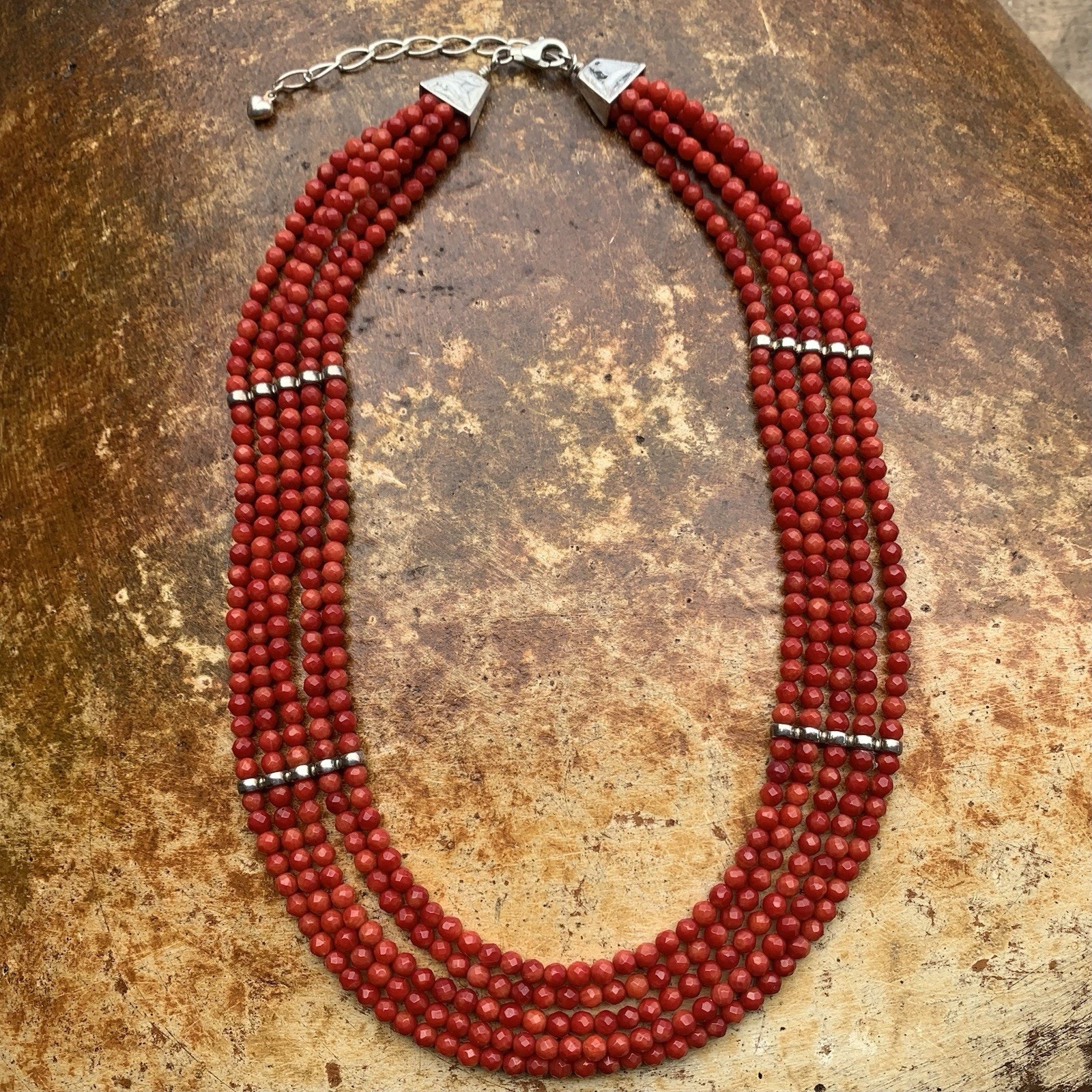 Jay King Necklace Sterling Silver Red Coral 5 Strand Ss Dividers Faceted Dtr 118$